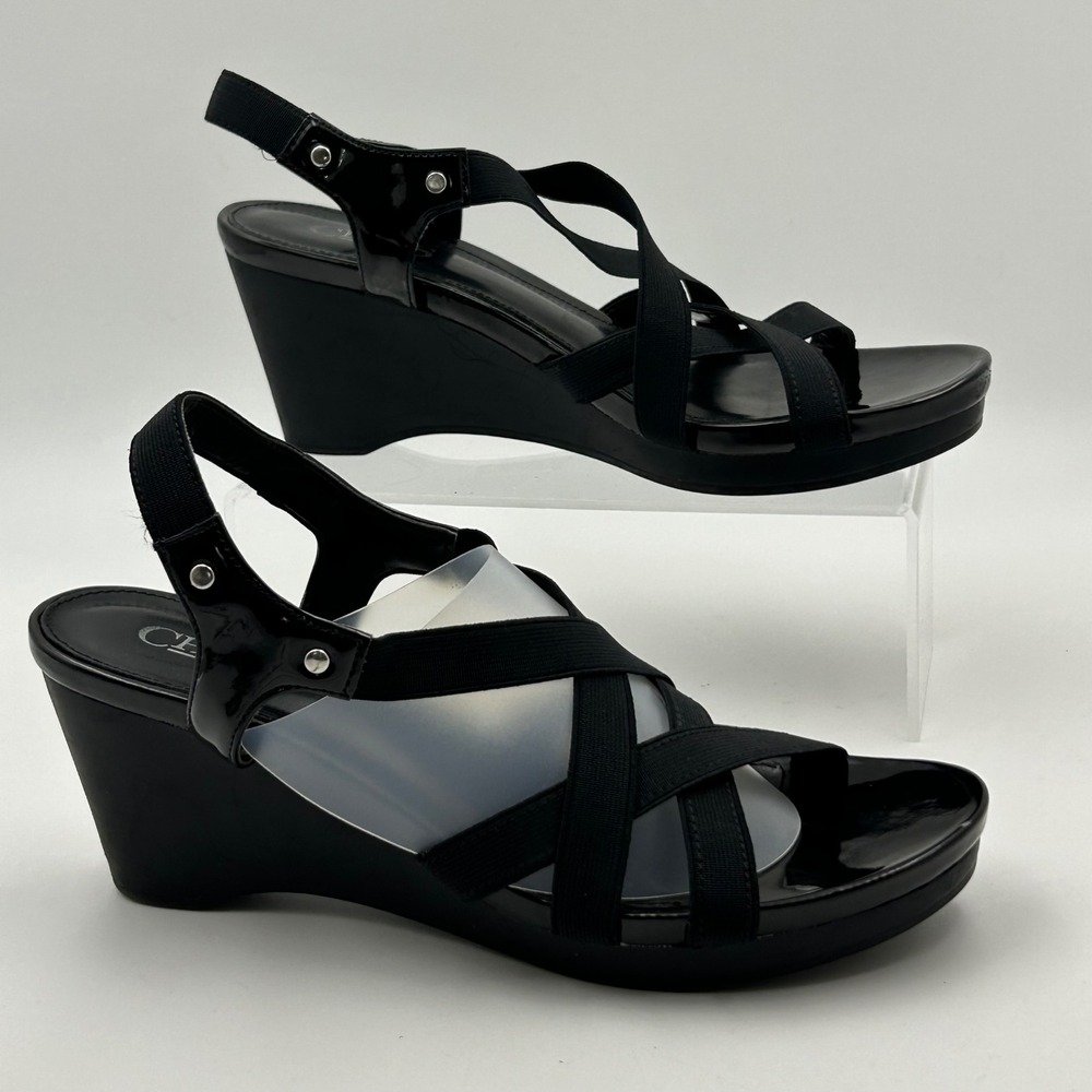 Chaps Wedge Sandals Womens 8.5 Black Elastic Strappy Slingback Classic Chic